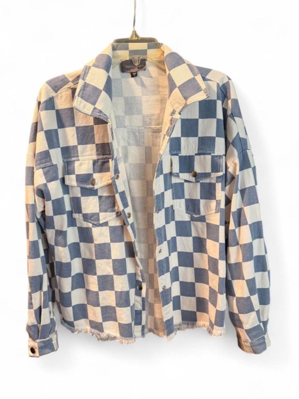 Hudson Gray Checkerboard Lightweight Denim Shacket in Blue and Cream